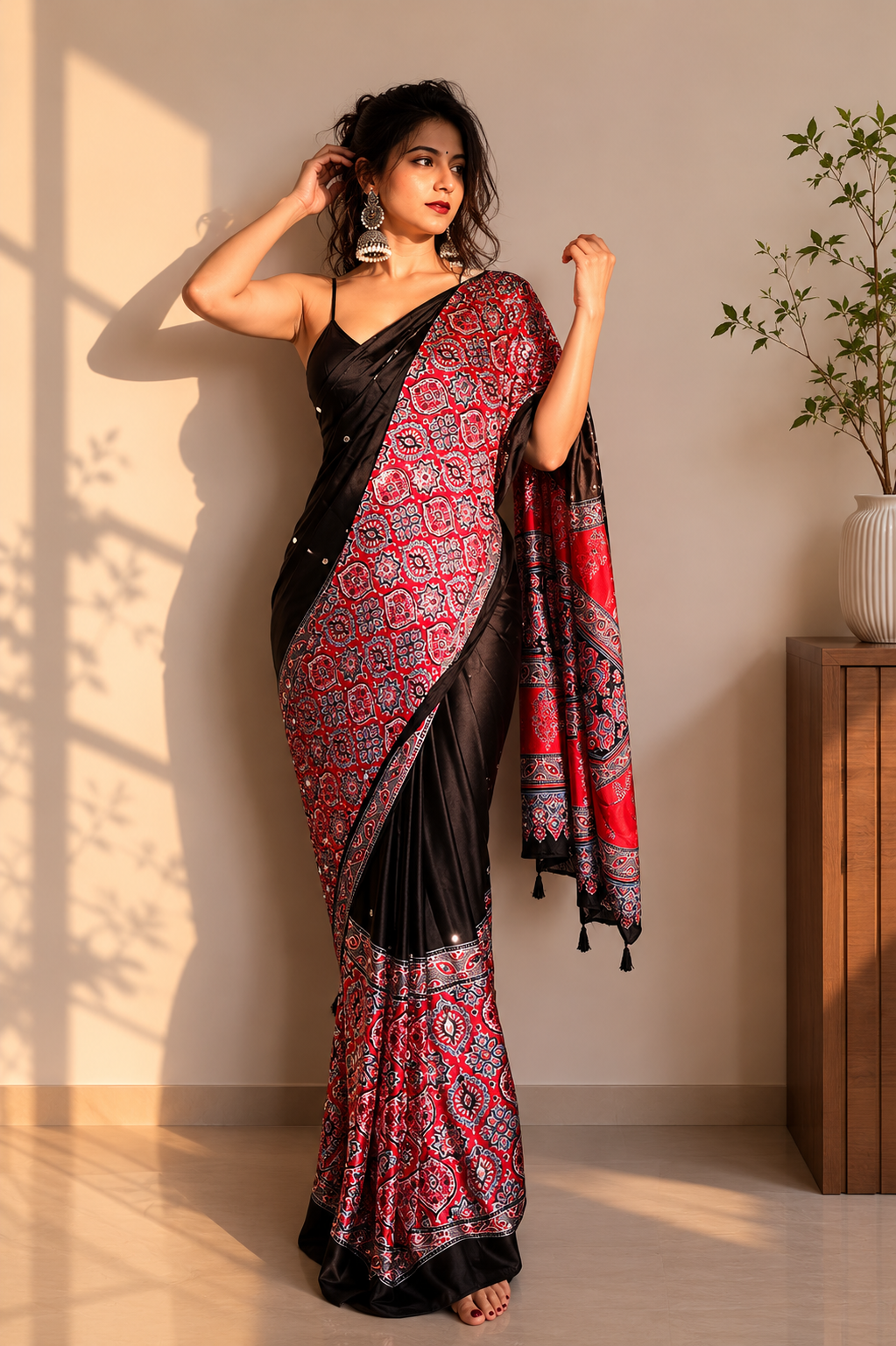 Chandrika Black and Red Ajrakh Mirror Saree