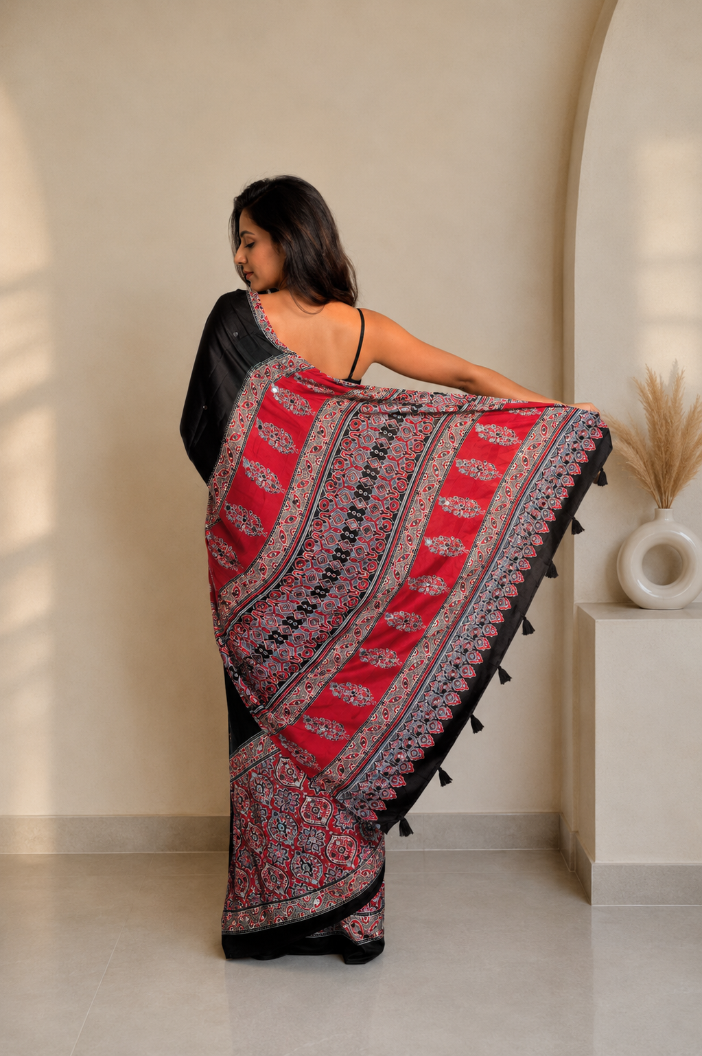 Chandrika Black and Red Ajrakh Mirror Saree