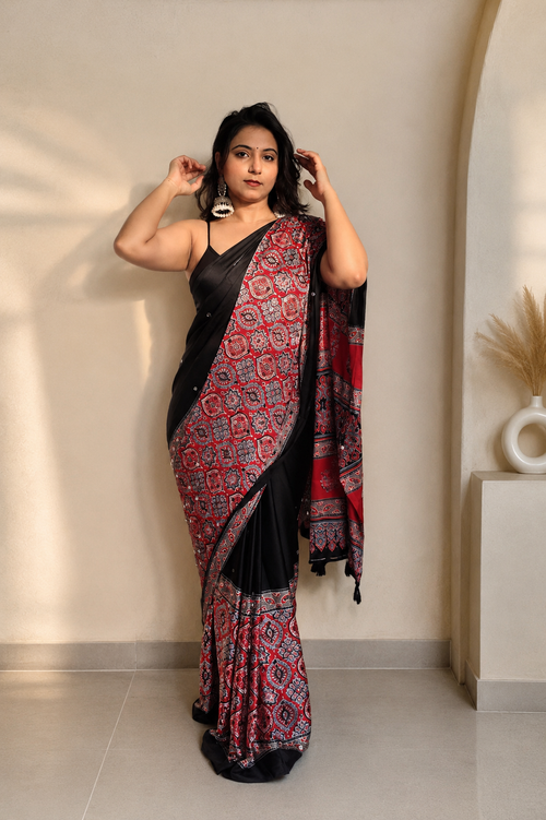 Chandrika Black and Red Ajrakh Mirror Saree