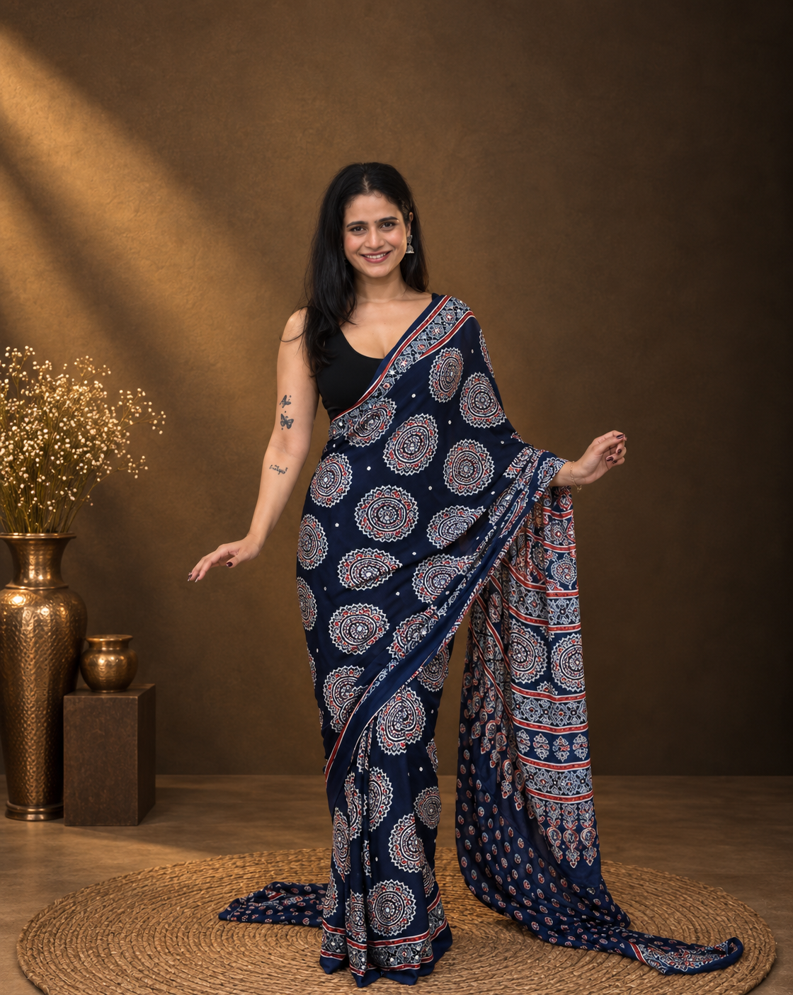 Fulwari navy blue mirror saree