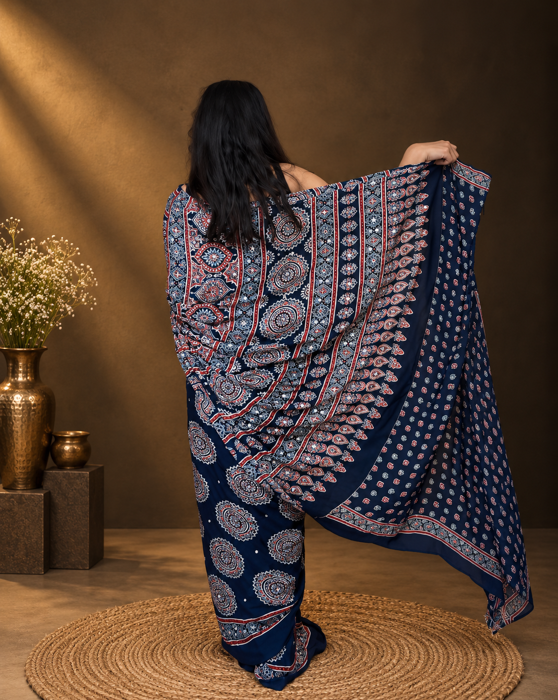 Fulwari navy blue mirror saree