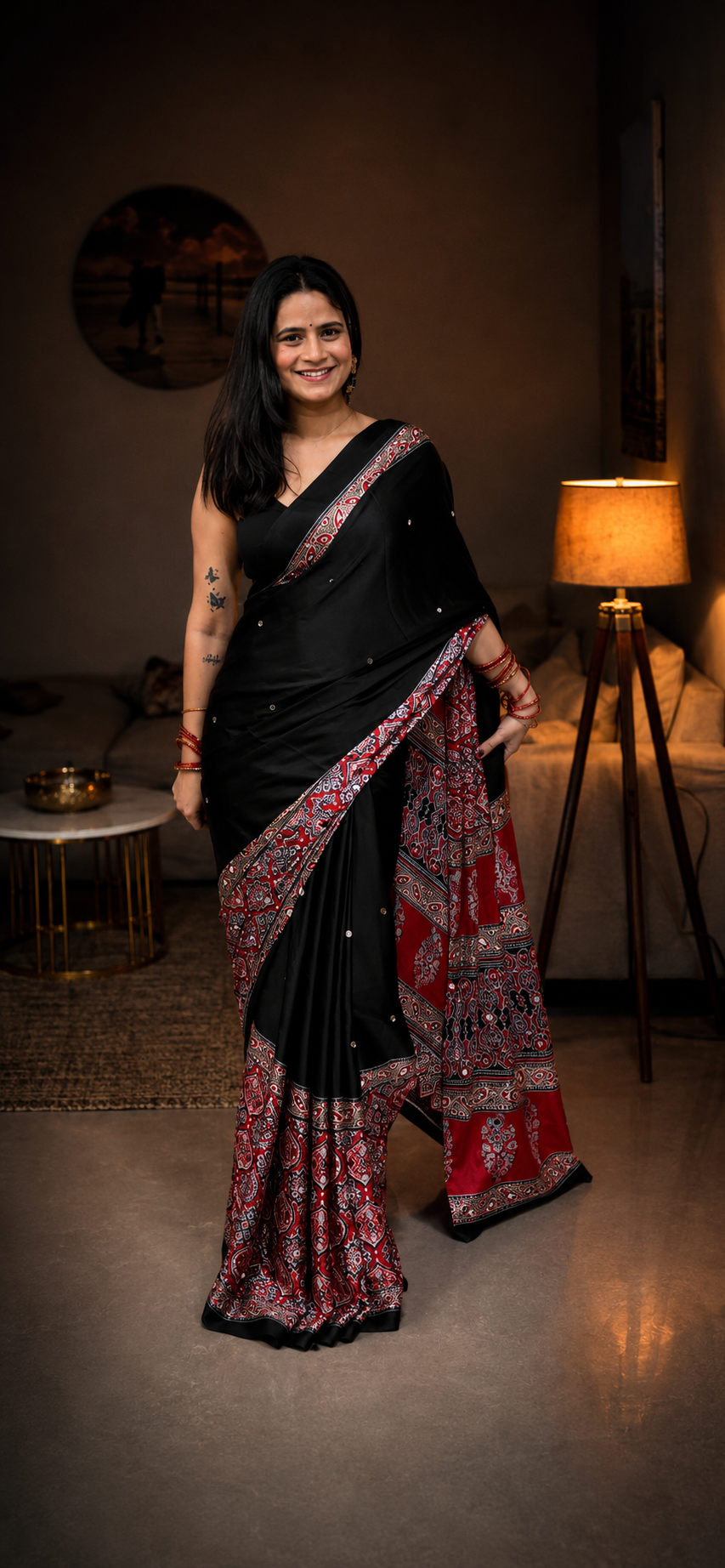 Chandrika Black and Red Ajrakh Mirror Saree
