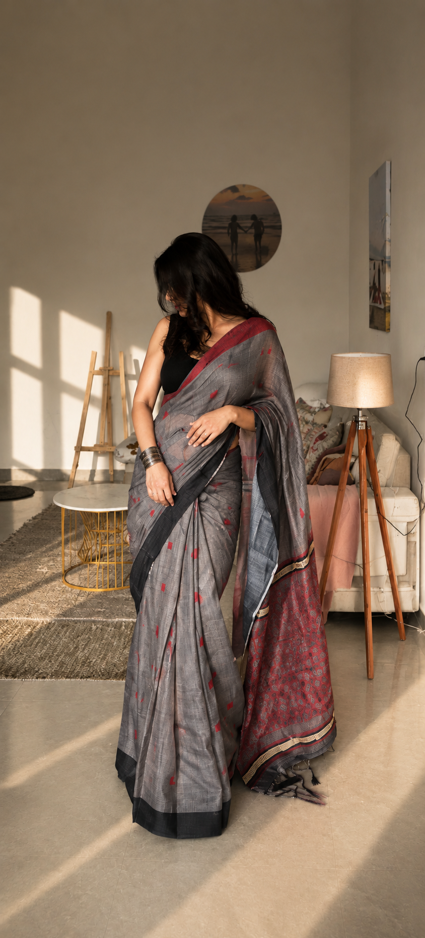 Surkh Grey Linen Saree