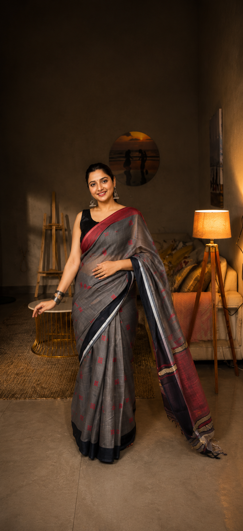 Surkh Grey Linen Saree