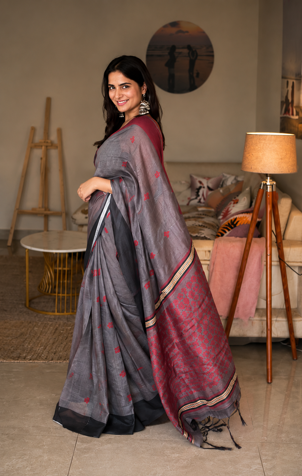 Surkh Grey Linen Saree
