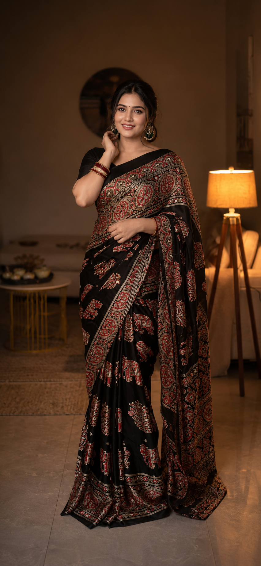 Gulnaar Hathi Black Ajrakh Saree