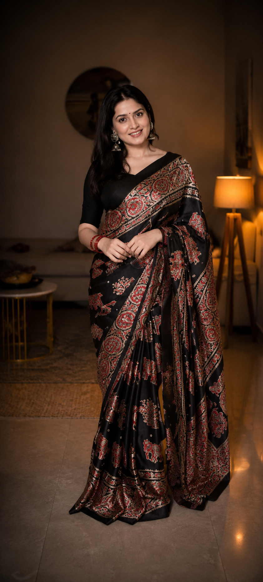Gulnaar Hathi Black Ajrakh Saree