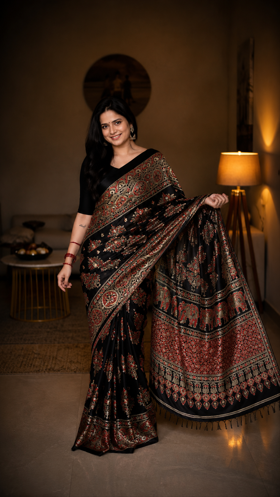 Gulnaar Hathi Black Ajrakh Saree