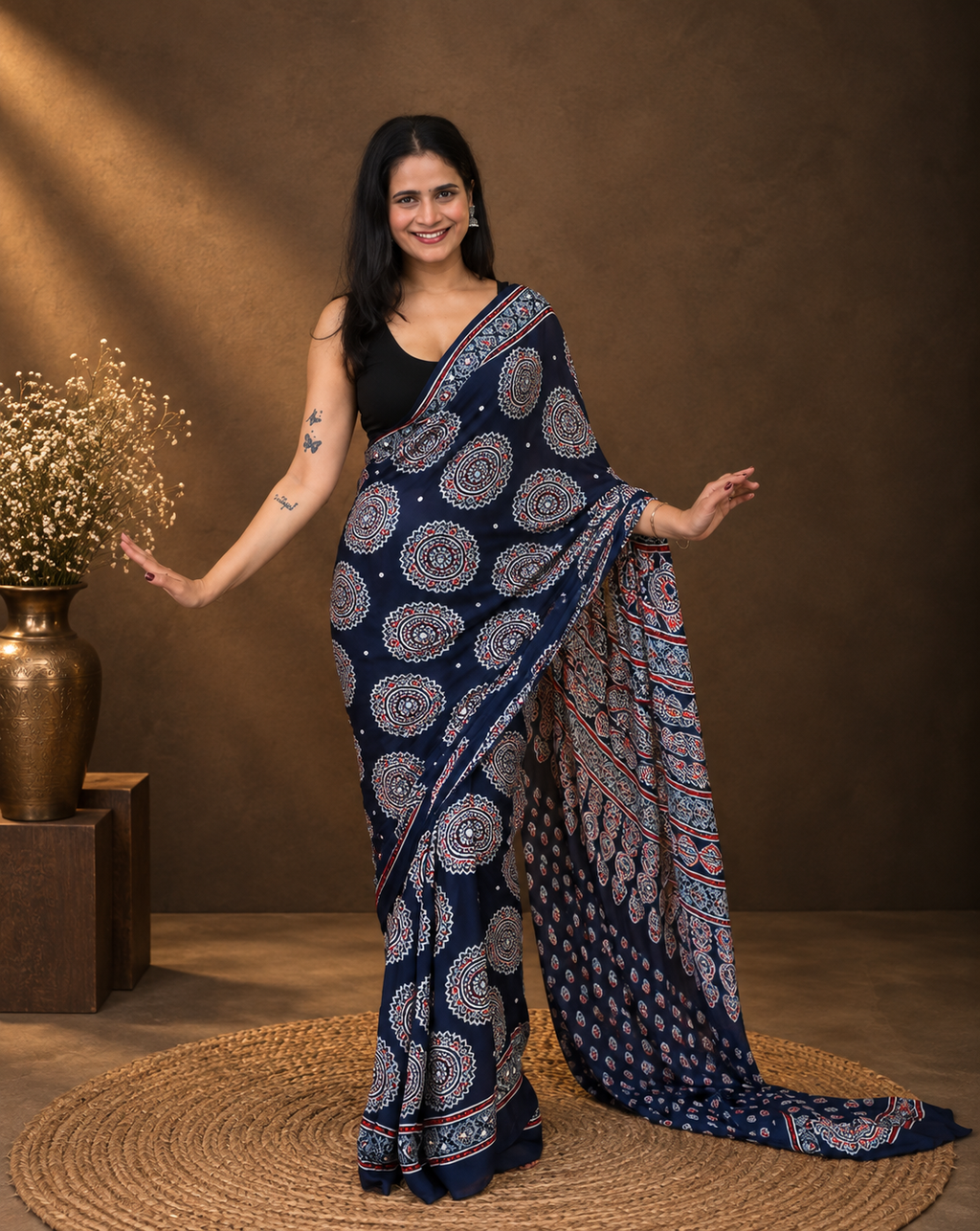 Fulwari navy blue mirror saree