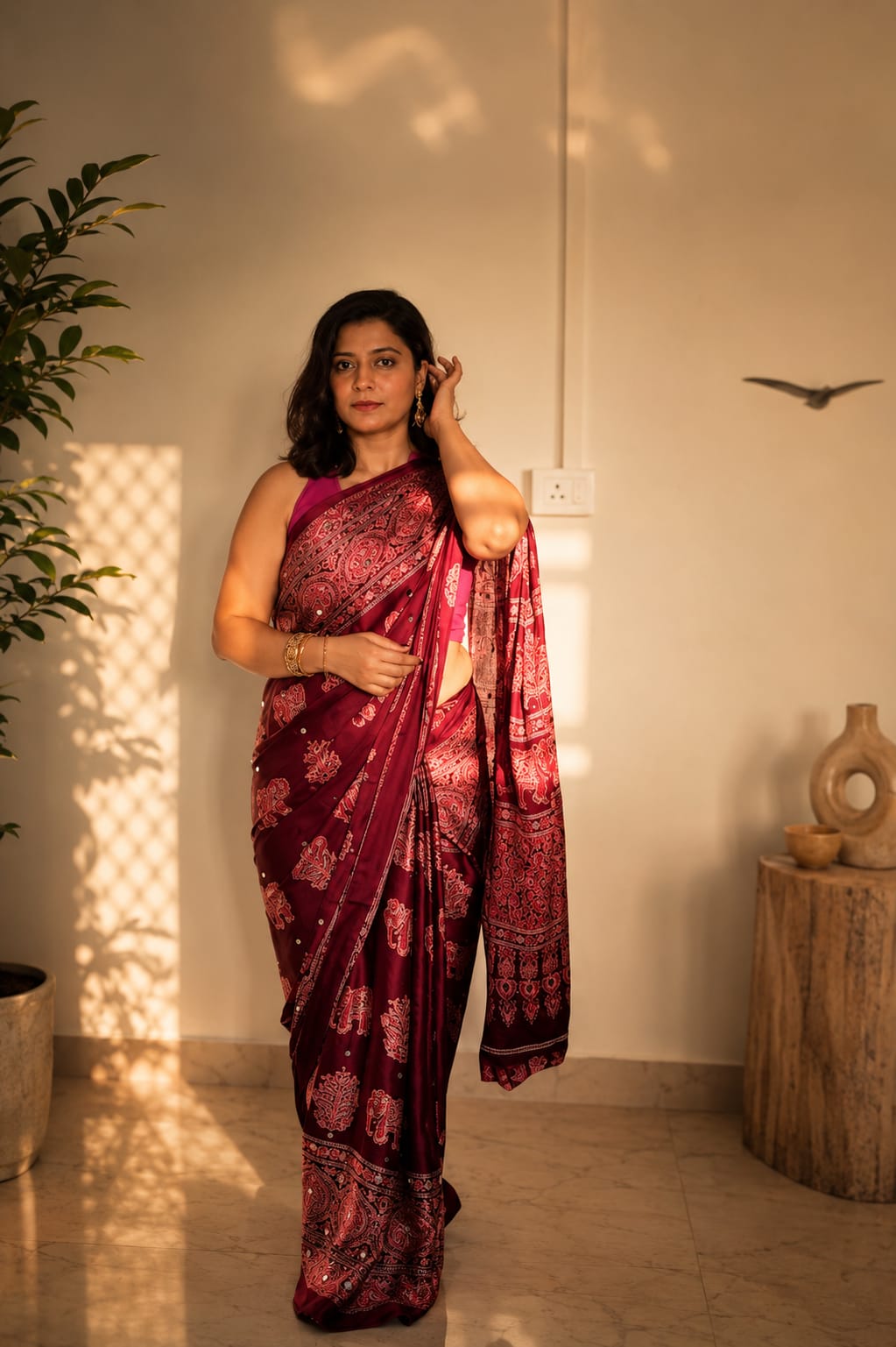 Gulnaar Hathi  (Wine ,Black & Brown) Saree