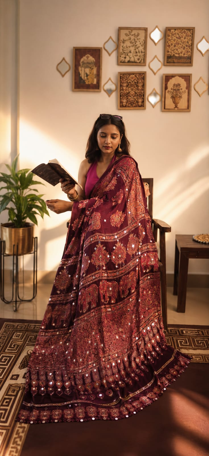 Gulnaar Hathi  (Wine ,Black & Brown) Saree