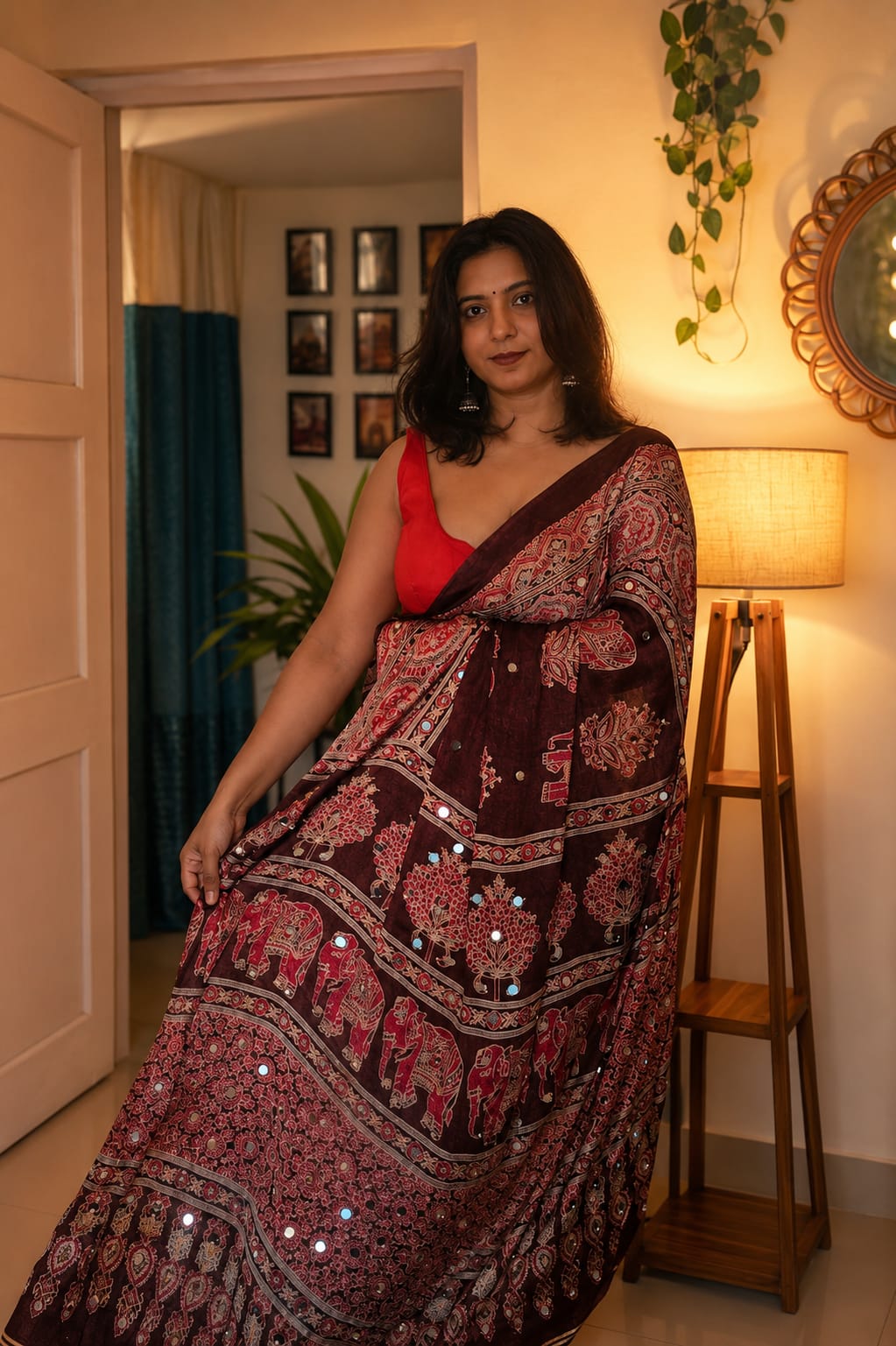 Gulnaar Hathi  (Wine ,Black & Brown) Saree